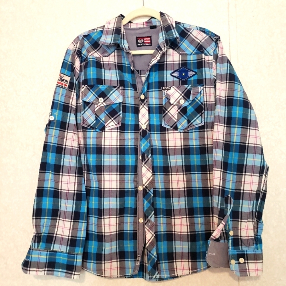 PHAT FARM...LONG SLEEVE PLAID-BLUE-WHITE SHIRT ...SIZE:MEDIUM